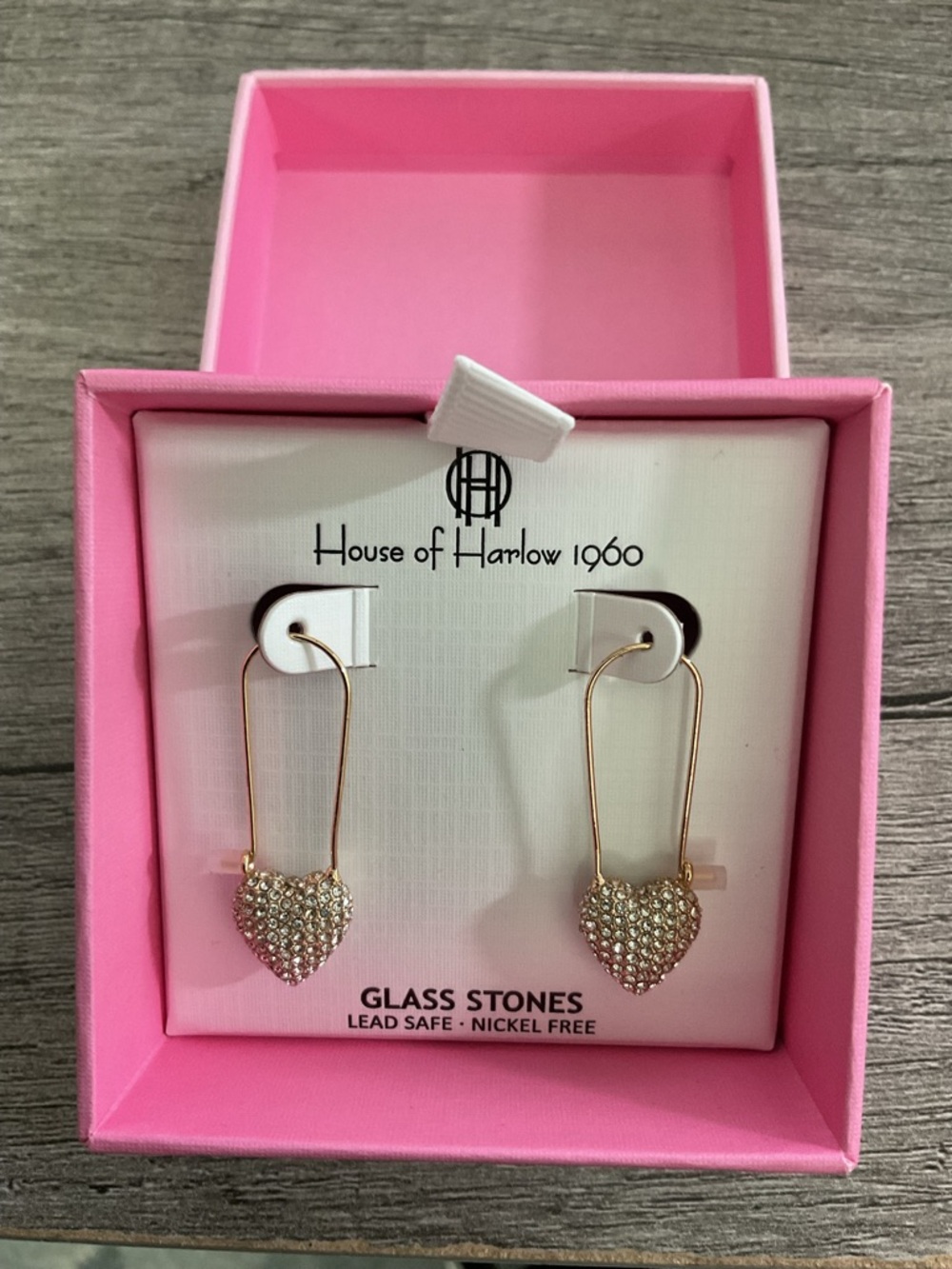 House of Harlow 1960 Pavé Heart Safety Pin Drop Earrings - Gold Tone NIB
